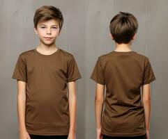 Front and back views of a little boy wearing a brown T-shirt. ai generated photo