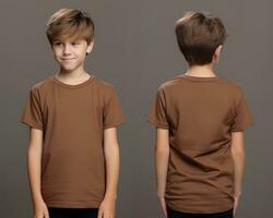 Front and back views of a little boy wearing a brown T-shirt. ai generated photo