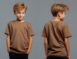 Front and back views of a little boy wearing a brown T-shirt. ai generated photo