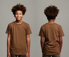 Front and back views of a little boy wearing a brown T-shirt. ai generated photo