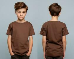 Front and back views of a little boy wearing a brown T-shirt. ai generated photo