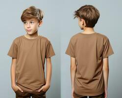 Front and back views of a little boy wearing a brown T-shirt. ai generated photo