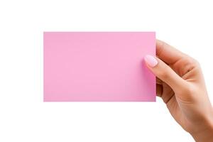 A human hand holding a blank sheet of pink paper or card isolated on a white background. ai generated photo