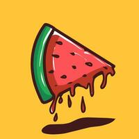 Fresh watermelon slices are red with green skin on a yellow background vector