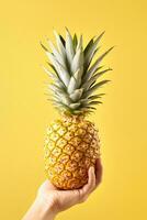 Hand hold fresh pineapple isolated on a yellow background. ai generated photo