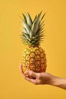 Hand hold fresh pineapple isolated on a yellow background. ai generated photo