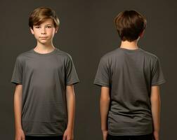 Front and back views of a little boy wearing a grey T-shirt. ai generated photo