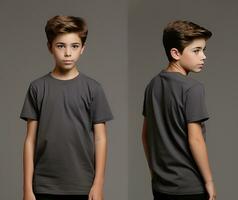 Front and back views of a little boy wearing a grey T-shirt. ai generated photo