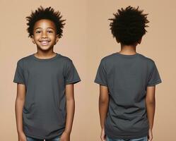 Front and back views of a little boy wearing a grey T-shirt. ai generated photo