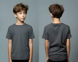 Front and back views of a little boy wearing a grey T-shirt. ai generated photo