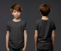 Front and back views of a little boy wearing a grey T-shirt. ai generated photo