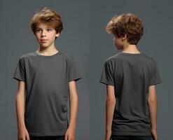 Front and back views of a little boy wearing a grey T-shirt. ai generated photo