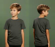 Front and back views of a little boy wearing a grey T-shirt. ai generated photo