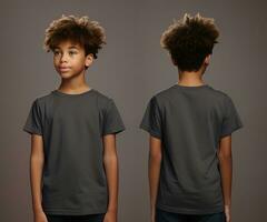 Front and back views of a little boy wearing a grey T-shirt. ai generated photo