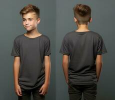 Front and back views of a little boy wearing a grey T-shirt. ai generated photo