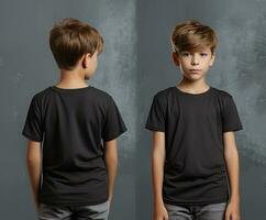 Front and back views of a little boy wearing a grey T-shirt. ai generated photo