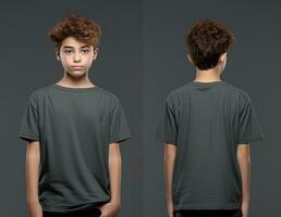 Front and back views of a little boy wearing a grey T-shirt. ai generated photo