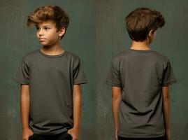 Front and back views of a little boy wearing a grey T-shirt. ai generated photo