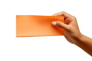 A human hand holding a blank sheet of orange paper or card isolated on a white background. ai generated photo