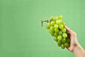 Hand holding green grapes bunch isolated on green background with copy space. ai generated photo