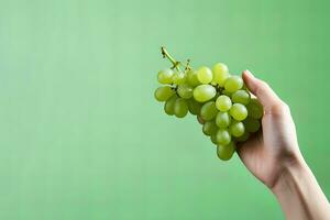 Hand holding green grapes bunch isolated on green background with copy space. ai generated photo