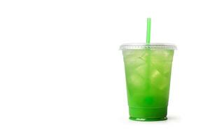 Green drink in a plastic cup isolated on a white background. Take away drinks concept with copy space. ai generated photo