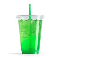 Green drink in a plastic cup isolated on a white background. Take away drinks concept with copy space. ai generated photo