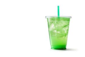 Green drink in a plastic cup isolated on a white background. Take away drinks concept with copy space. ai generated photo
