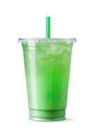 Green drink in a plastic cup isolated on a white background. Take away drinks concept with. ai generated photo