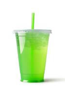 Green drink in a plastic cup isolated on a white background. Take away drinks concept with. ai generated photo