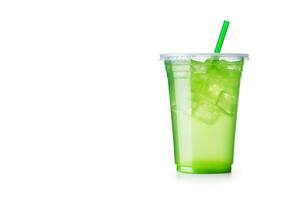 Green drink in a plastic cup isolated on a white background. Take away drinks concept with copy space. ai generated photo