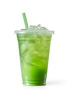 Green drink in a plastic cup isolated on a white background. Take away drinks concept with. ai generated photo