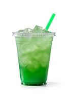 Green drink in a plastic cup isolated on a white background. Take away drinks concept with. ai generated photo