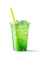Green drink in a plastic cup isolated on a white background. Take away drinks concept with. ai generated photo