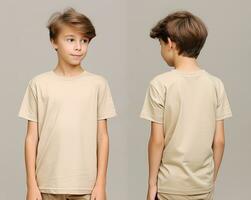 Front and back views of a little boy wearing a beige T-shirt. ai generated photo