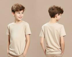 Front and back views of a little boy wearing a beige T-shirt. ai generated photo