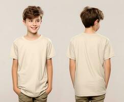 Front and back views of a little boy wearing a beige T-shirt. ai generated photo