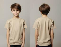 Front and back views of a little boy wearing a beige T-shirt. ai generated photo