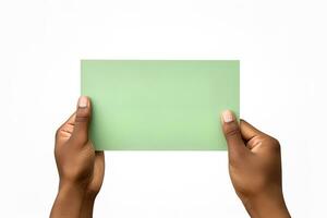 A human hand holding a blank sheet of green paper or card isolated on a white background. ai generated photo