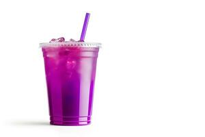 Purple drink in a plastic cup isolated on a white background. Take away drinks concept with copy space. ai generated photo