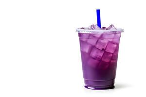 Purple drink in a plastic cup isolated on a white background. Take away drinks concept with copy space. ai generated photo