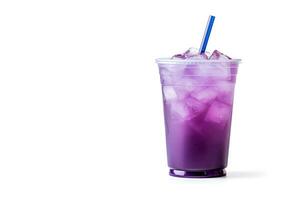 Purple drink in a plastic cup isolated on a white background. Take away drinks concept with copy space. ai generated photo