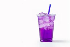 Purple drink in a plastic cup isolated on a white background. Take away drinks concept with copy space. ai generated photo