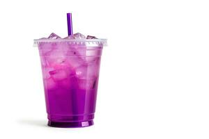 Purple drink in a plastic cup isolated on a white background. Take away drinks concept with copy space. ai generated photo