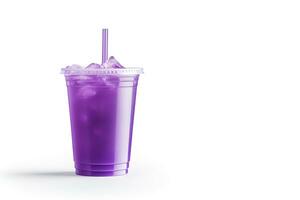 Purple drink in a plastic cup isolated on a white background. Take away drinks concept with copy space. ai generated photo