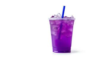 Purple drink in a plastic cup isolated on a white background. Take away drinks concept with copy space. ai generated photo