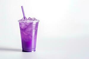 Purple drink in a plastic cup isolated on a white background. Take away drinks concept with copy space. ai generated photo