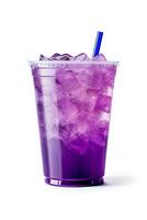 Purple drink in a plastic cup isolated on a white background. Take away drinks concept. ai generated photo