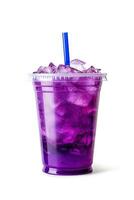 Purple drink in a plastic cup isolated on a white background. Take away drinks concept. ai generated photo