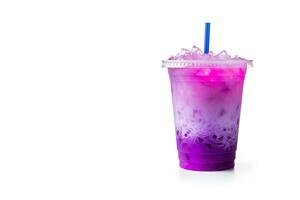 Purple drink in a plastic cup isolated on a white background. Take away drinks concept with copy space. ai generated photo